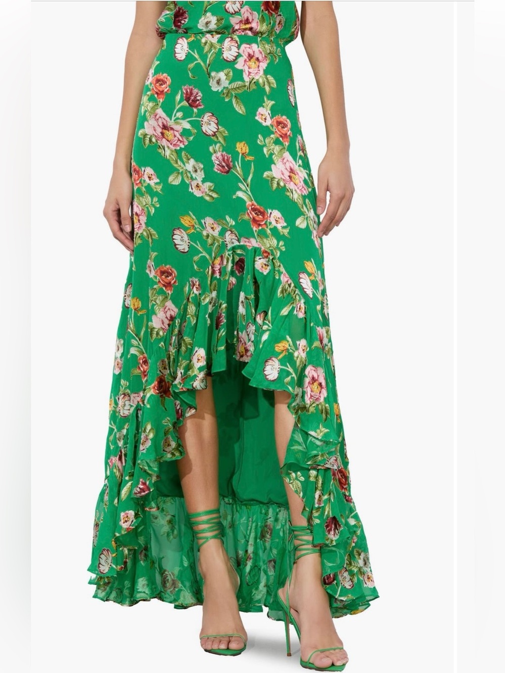 Alice and Olivia Soraya Asymmetric Green Floral High-Low Maxi Skirt NWT